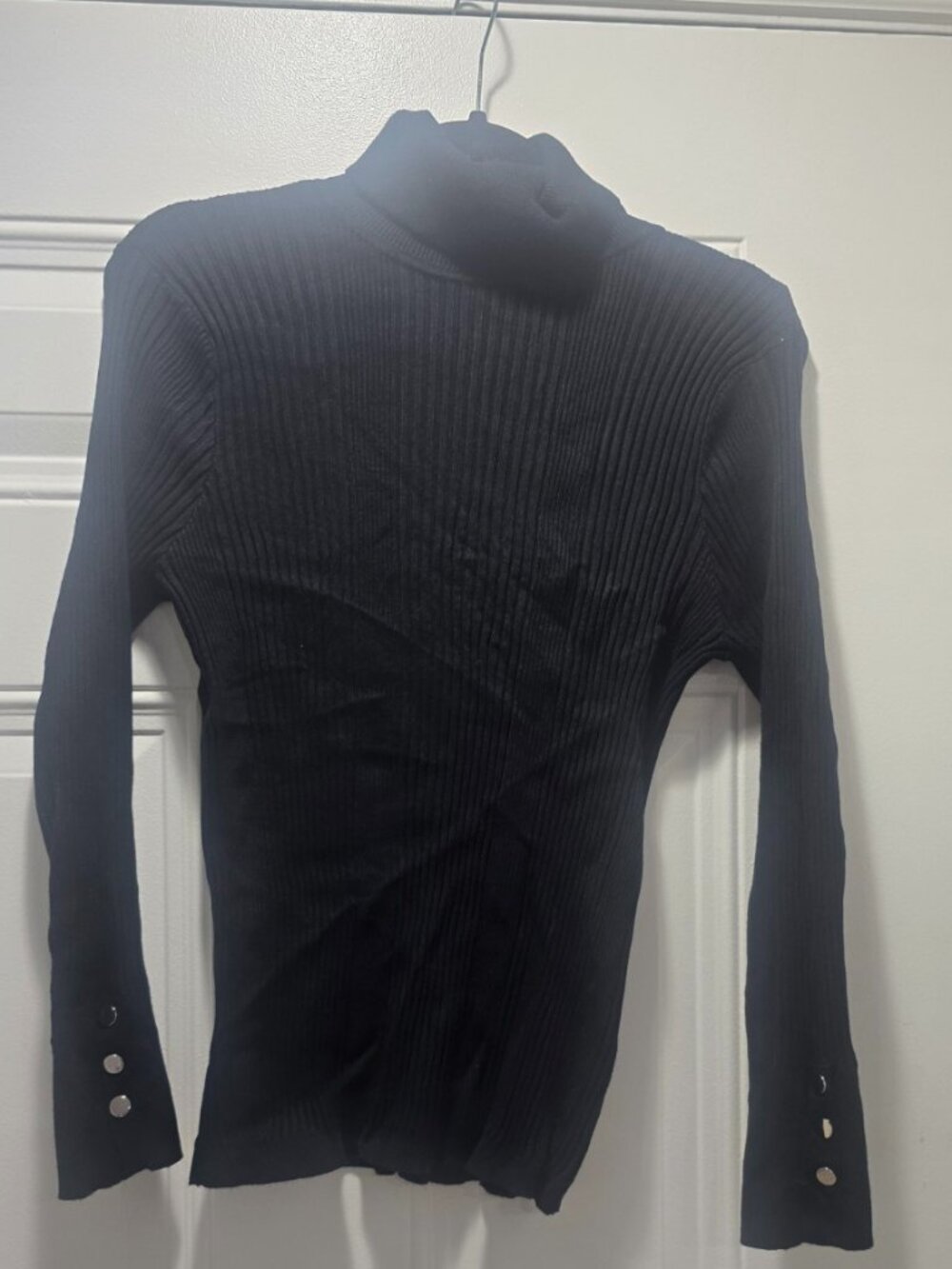 JM Collection Black Ribbed Turtleneck Sweater Button Cuff Stretch Knit PXL